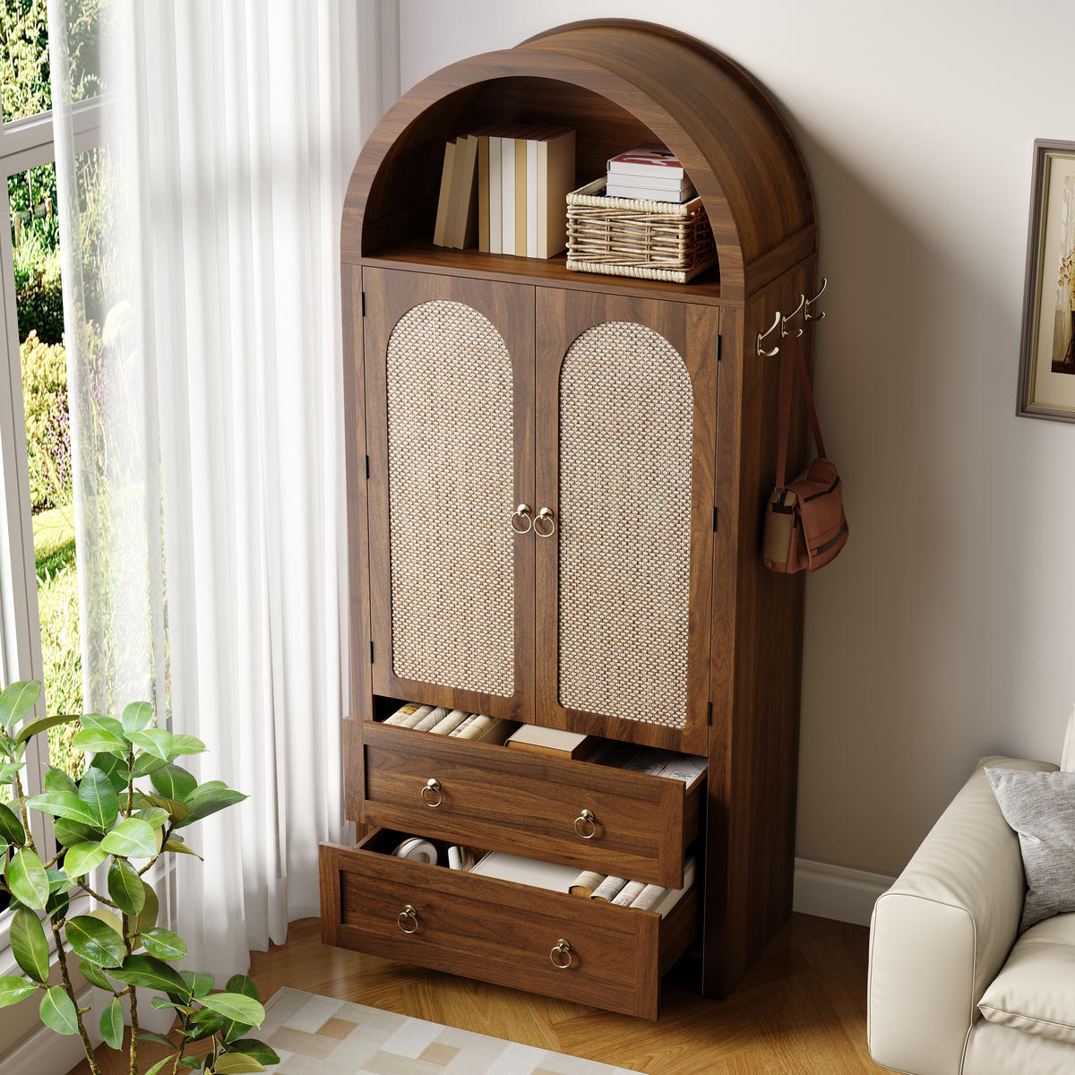 SIDEBOARD Korbgeflecht Bogenstil 2 Schubladen Vintage Stauraum - Walnussfarben, Holzwerkstoff (40/180/80cm) - FLIEKS