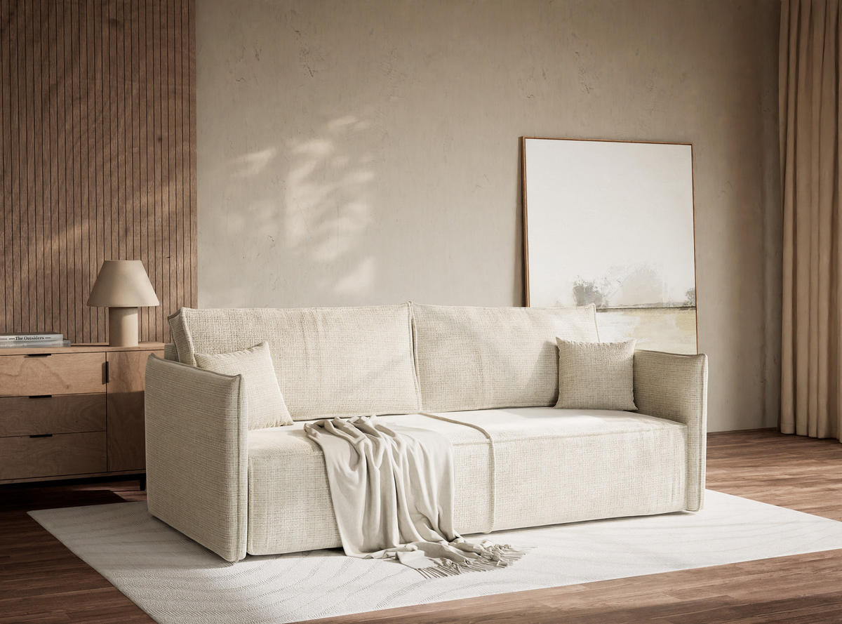 SOFA MIT SCHLAFFUNKTION Obra Beige grau Chenille-Stoff - Greige/Schwarz, Holz/Holzwerkstoff (220/70/107cm) - Maison de Reve