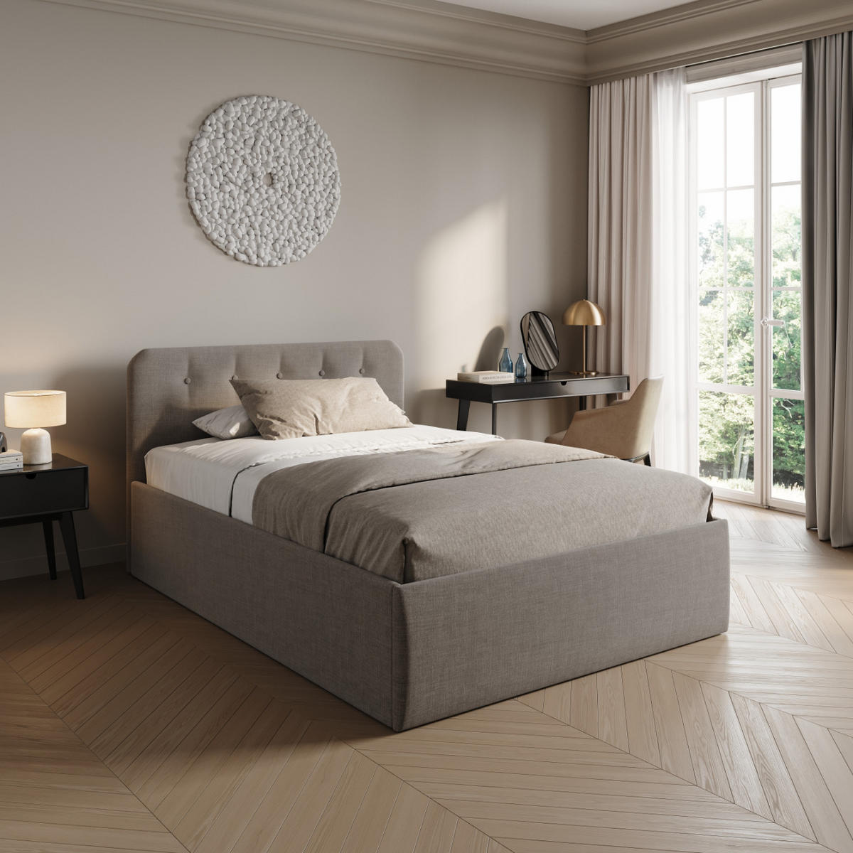 POLSTERBETT mit verstellbarem Lattenrost & Bettkasten, Bonnell-Matratze, 140 x 200 cm in beige - Beige, Holzwerkstoff/Textil (140/200cm) - Home Collective