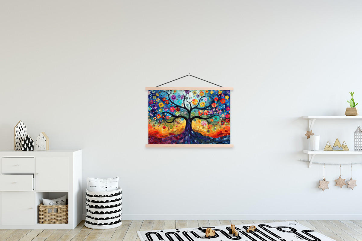 POSTER Kunst - Baum des Lebens - Blumen - Hippie 90x60 cm - Dunkelblau, Textil (90/60/0.15cm) - MuchoWow