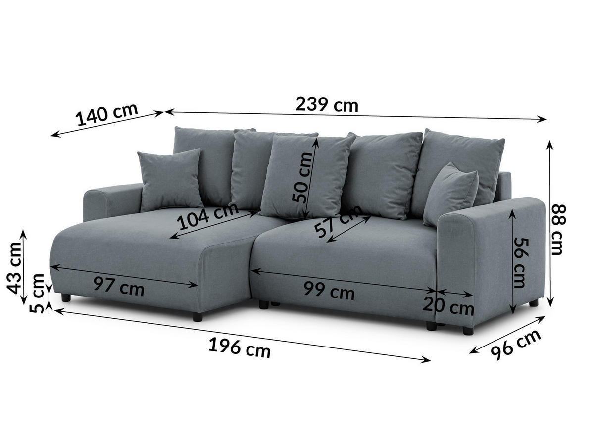 ECKSOFA Calma mit Schlaffunktion und Bettkasten im Bumpy-Design aus weichem Dunkelgrau Webstoff - Ottomane links - Dunkelgrau/Schwarz, Holz/Kunststoff (239/140cm) - S-Style