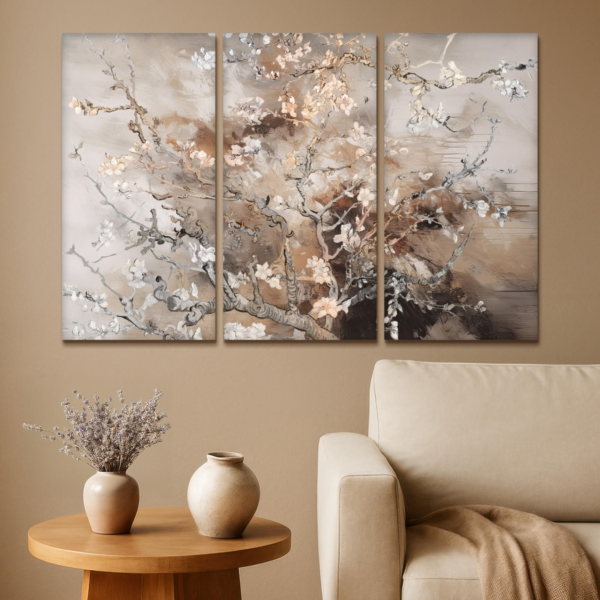 LEINWANDBILD 3er Set Mandelblüte - Abstrakt - Beige 120x80 cm - Beige, Textil (120/80cm) - MuchoWow