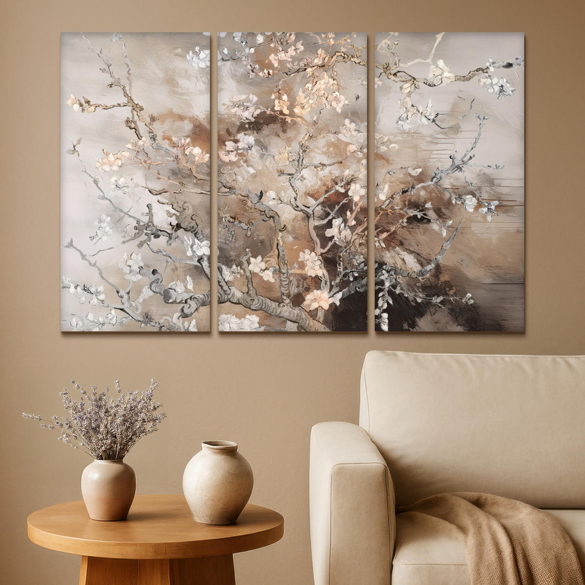 LEINWANDBILD 3er Set Mandelblüte - Abstrakt - Beige 120x80 cm - Beige, Textil (120/80cm) - MuchoWow