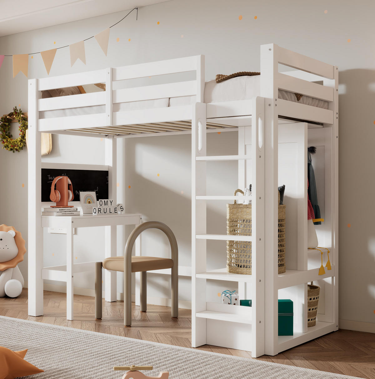 HOCHBETT 90/200 cm in Weiß mit Schreibtisch, Kreidetafel und offenem Kleiderschrank - Weiß, Holzwerkstoff (90/200cm) - Flora Grace