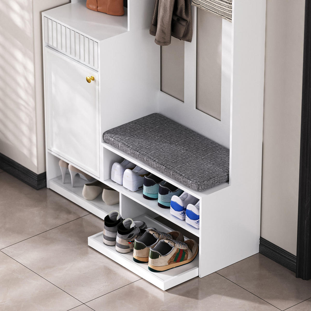 GARDEROBENSET Kompakt mit Sitzbank 4 Haken Weiß 100x35x180cm - Weiß, Holzwerkstoff (35/180/100cm) - FLIEKS