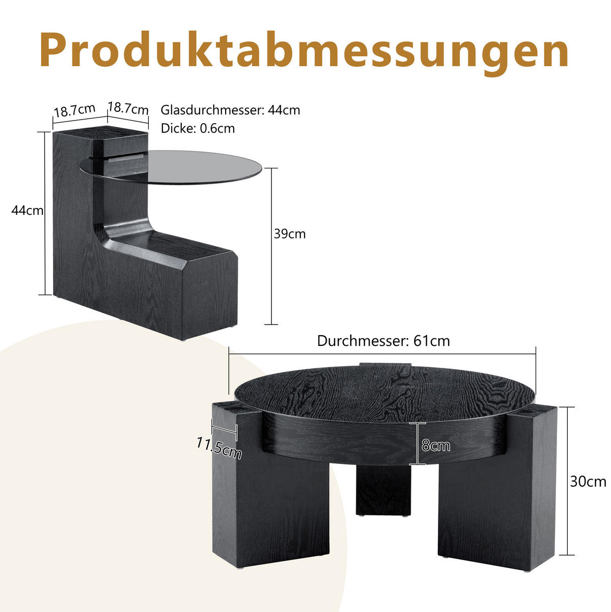 COUCHTISCH-SET rund 61/30 cm aus Glas und MDF in Schwarz mit 2 Ebenen - Schwarz, Holzwerkstoff (61/61/30cm) - Flora Grace