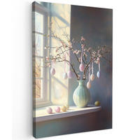 LEINWANDBILD Stillleben - Vase - Osterzweig Deko Groß 90x140 cm - Hellblau, Textil (90/140cm) - MuchoWow