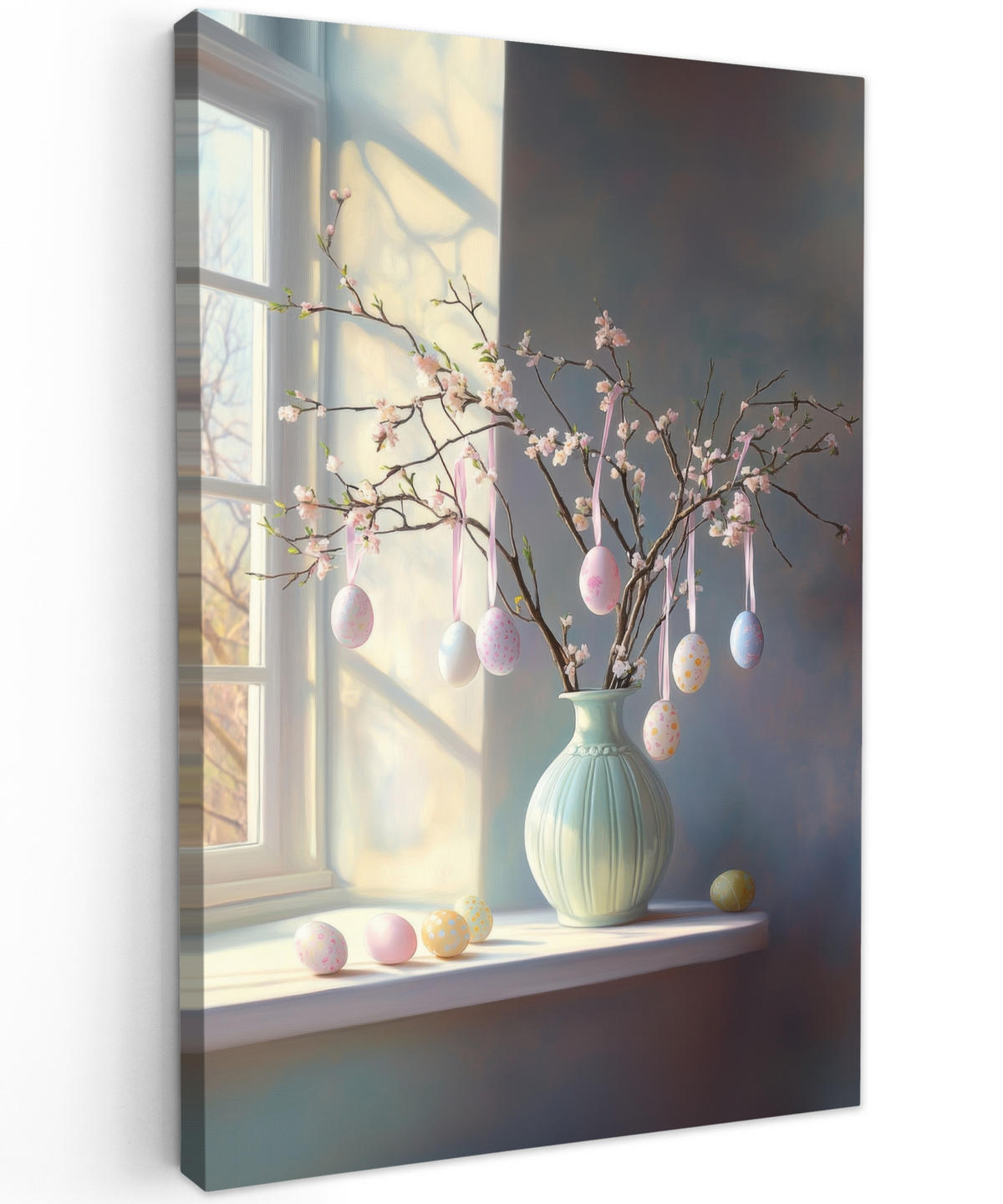 LEINWANDBILD Stillleben - Vase - Osterzweig Deko Groß 90x140 cm - Hellblau, Textil (90/140cm) - MuchoWow