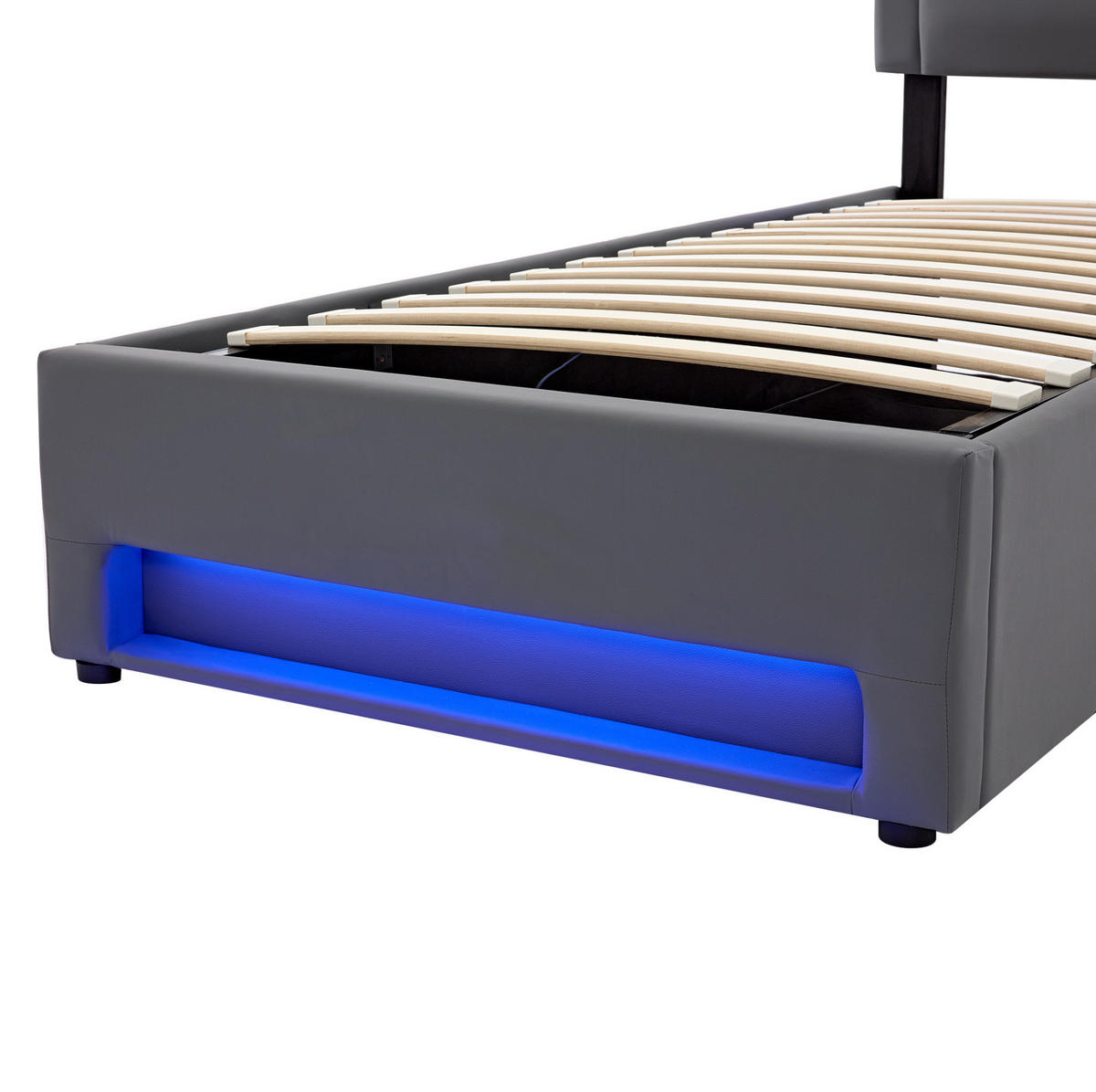 POLSTERBETT aus Kunstleder 90x200 cm in Grau mit LED-Beleuchtung & USB - Grau, Leder (90/200cm) - Modfu