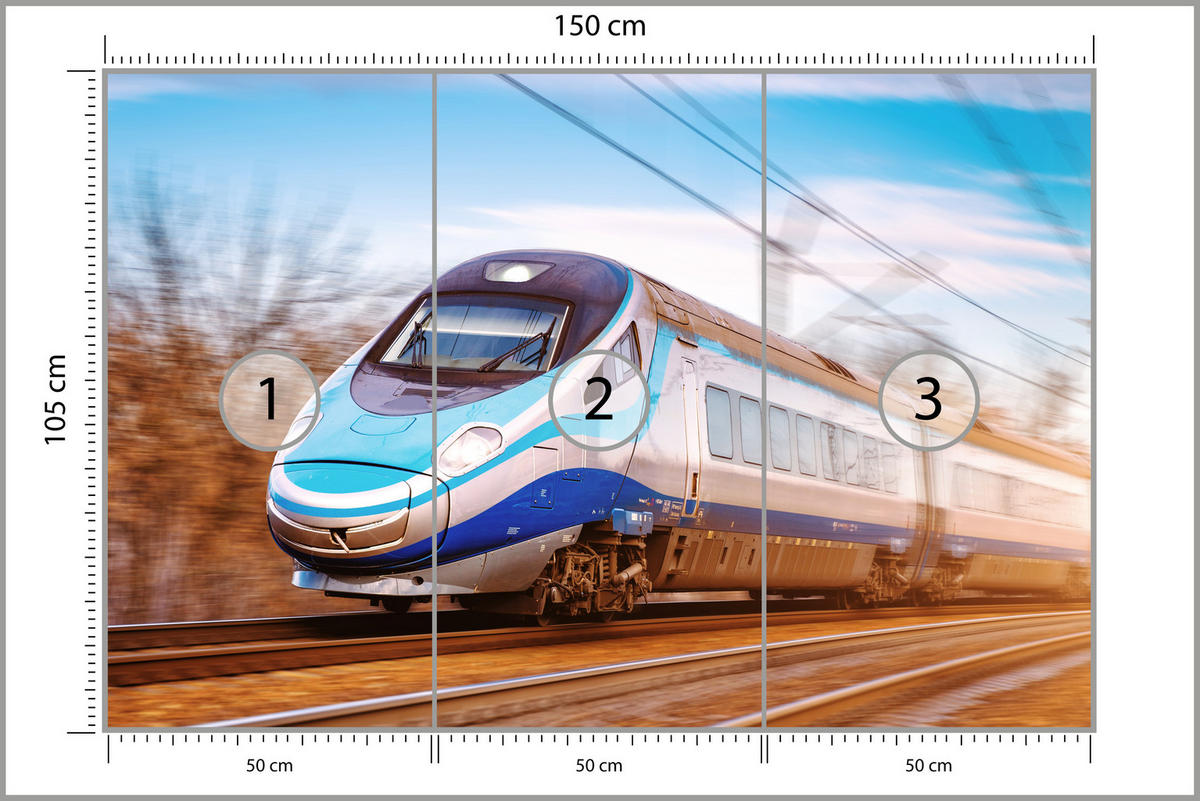 FOTOTAPETE für Wohnzimmer Moderner Zug Eisenbahnschienen 150x105 - Blau/Schwarz, Papier (150/105cm) - Muralo