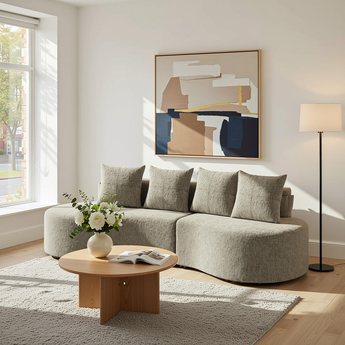 3-SITZER SOFA leinenstoff farbwahl mit getränkehalter & seitentaschen - Sandfarben, Textil (240/63/109cm) - Urban Meuble