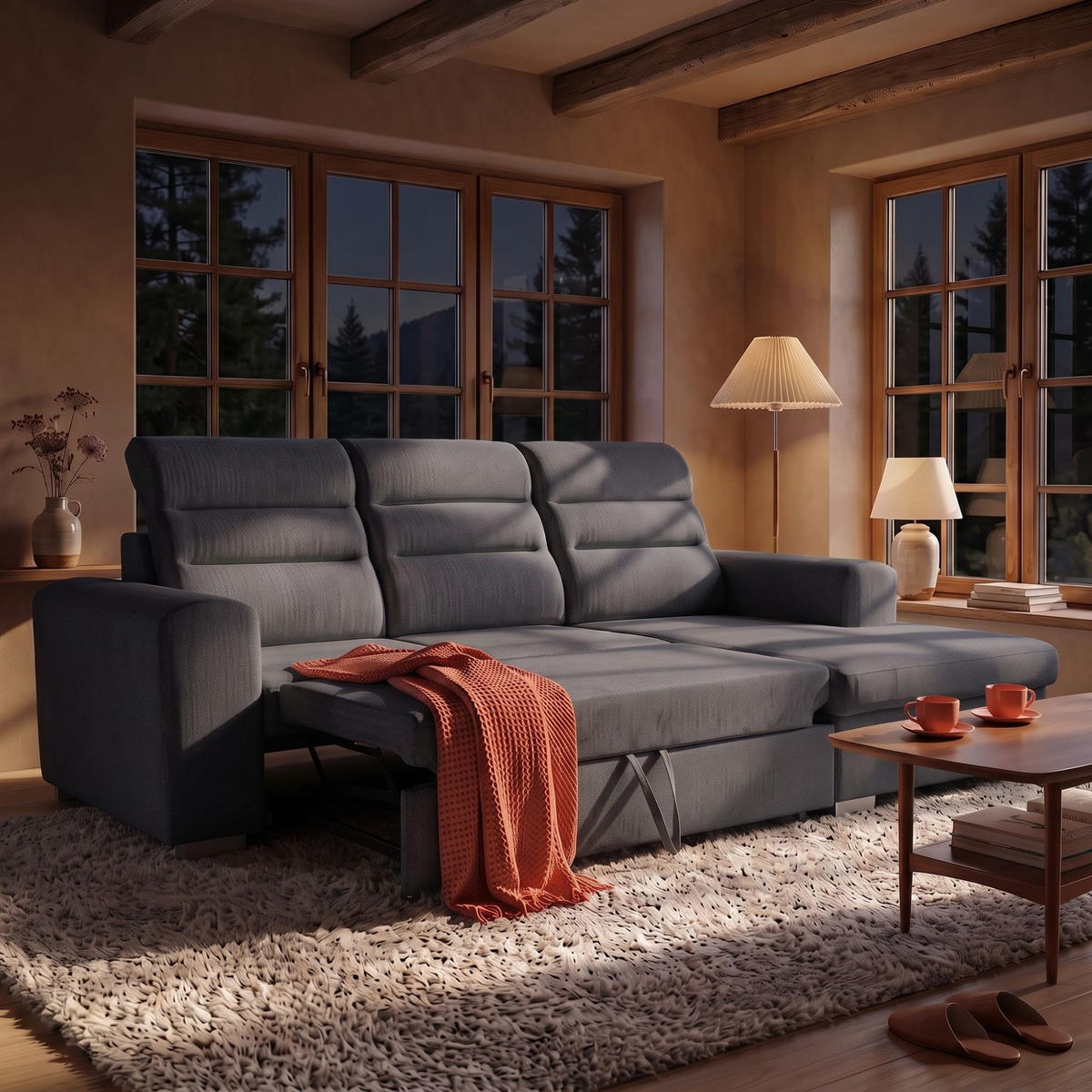 ECKSOFA CLOUD S Rechts mit Schlaffunktion 120x200 Velours Dunkelgrau - Chromfarben/Dunkelgrau, Holz/Kunststoff (260/155cm) - Muffo