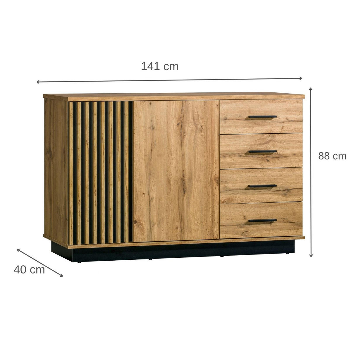 KOMMODE Lamelo mit 2 Türen und 4 Schubladen, Lamellenfront, 140 cm, Eiche Wotan - Eiche Wotan, Holzwerkstoff (141/88/40cm) - Beautysofa