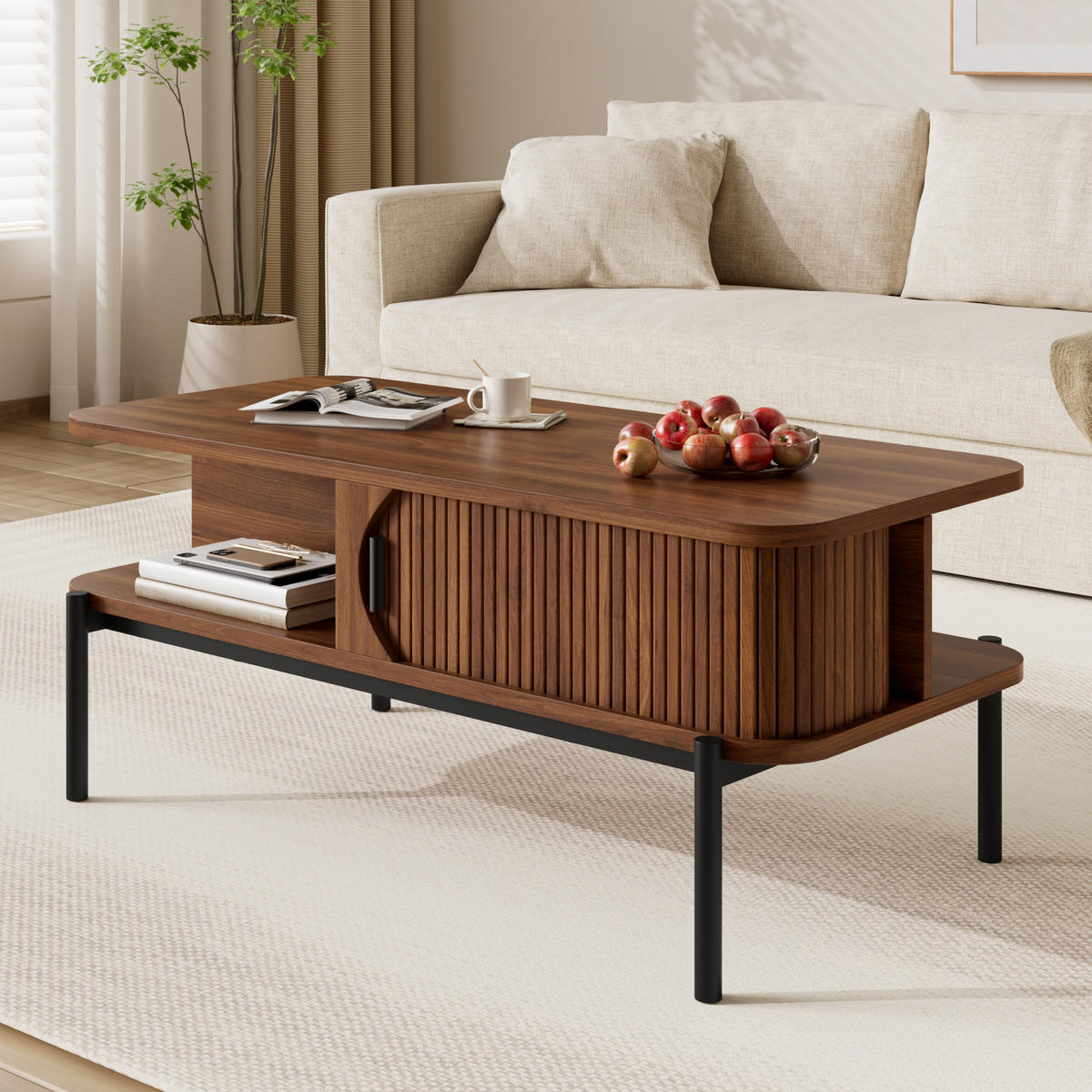 COUCHTISCH 100x45x43cm mit Stauraum und Schiebetüren - Walnussfarben, Holzwerkstoff (45/100/43cm) - FLIEKS