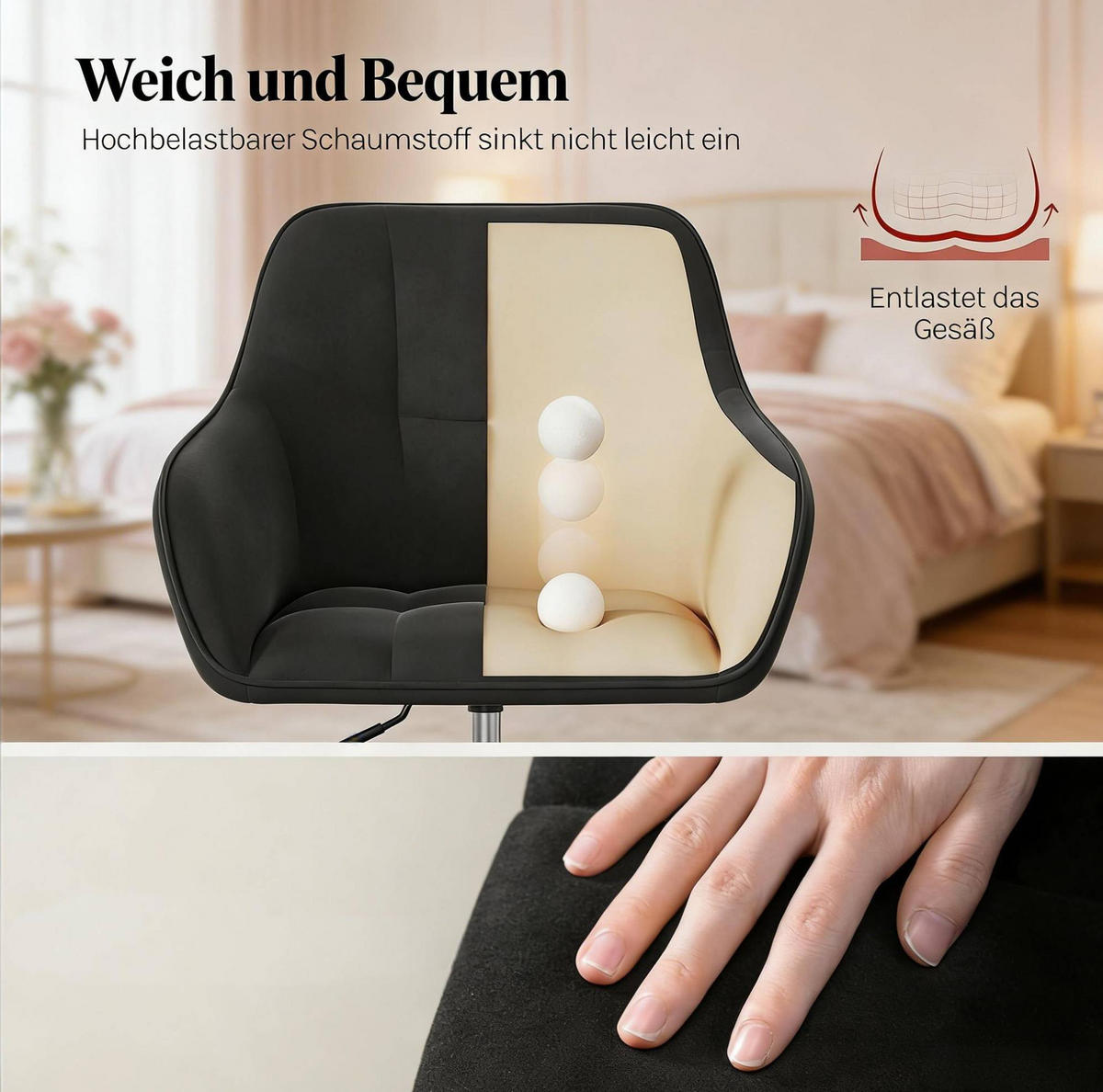 BÜROSTUHL höhenverstellbar Samt Schwarz - Schwarz, Metall (40.5/40/61cm) - Meubliv