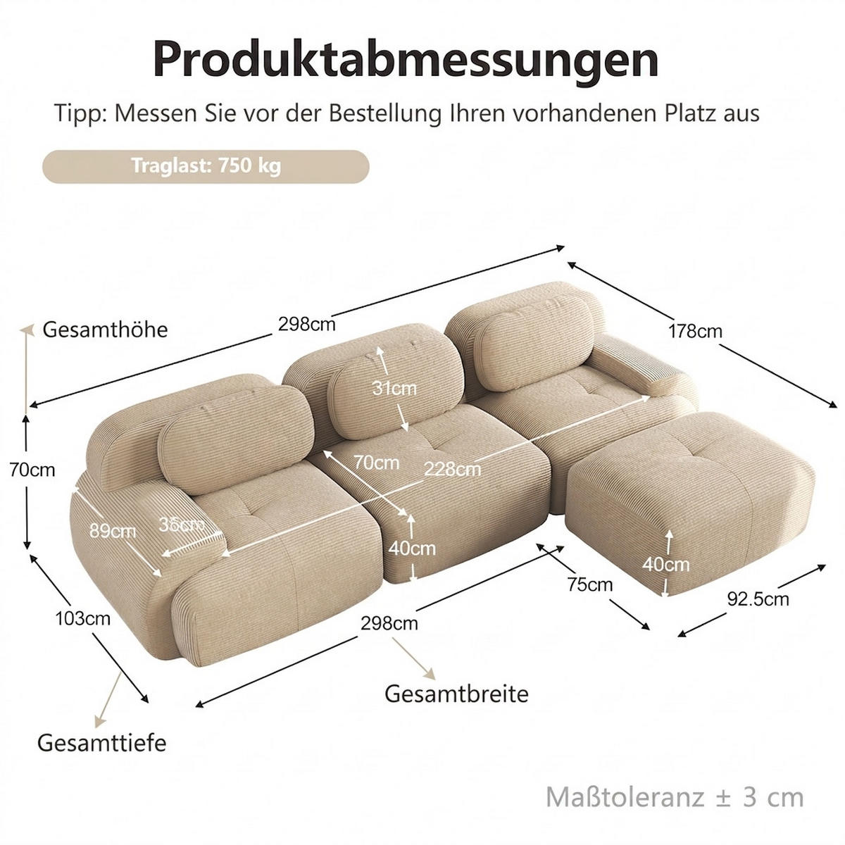 ECKSOFA 298/178/70 cm Beige Cord mit extra-breiten Armlehnen - Beige, Textil (298/178cm) - Oxeza