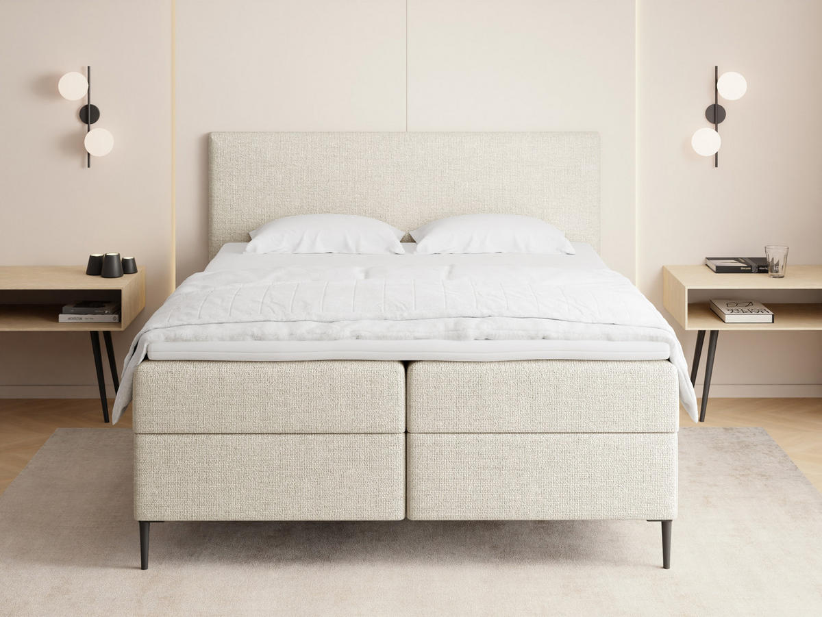 BOXBETT Alba Rise mit Bettkasten, Creme Chenille 160x200 cm – inkl. H4 Taschenfederkern Matratze & Foam Topper - Creme/Schwarz, Holz/Textil (160/200cm) - WFL GROUP