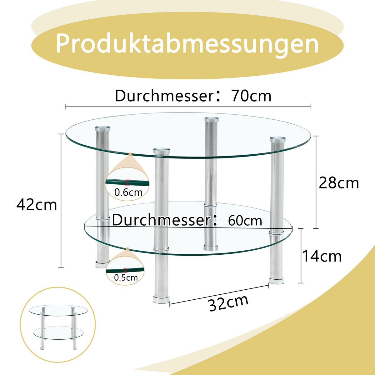 COUCHTISCH in Silver zweistufiger Glascouchtisch mit leichtem Luxusdesign für Wohnzimmer, B70/T70/H42 cm - Transparent/Silberfarben, Glas/Holzwerkstoff (70/70/42cm) - STILVORA