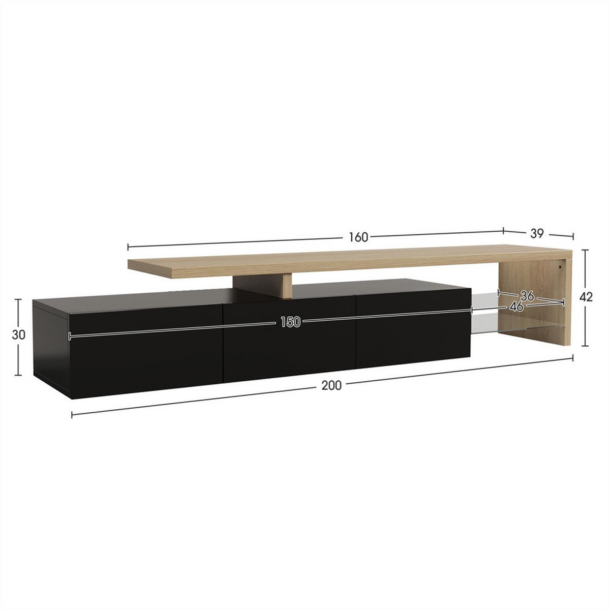 TV-LOWBOARD - TV-Schrank mit LED-Beleuchtung - offenem Glasregal und Stauraum - Schwarz+Natur - Schwarz, Holzwerkstoff (39/42/200cm) - DELFA