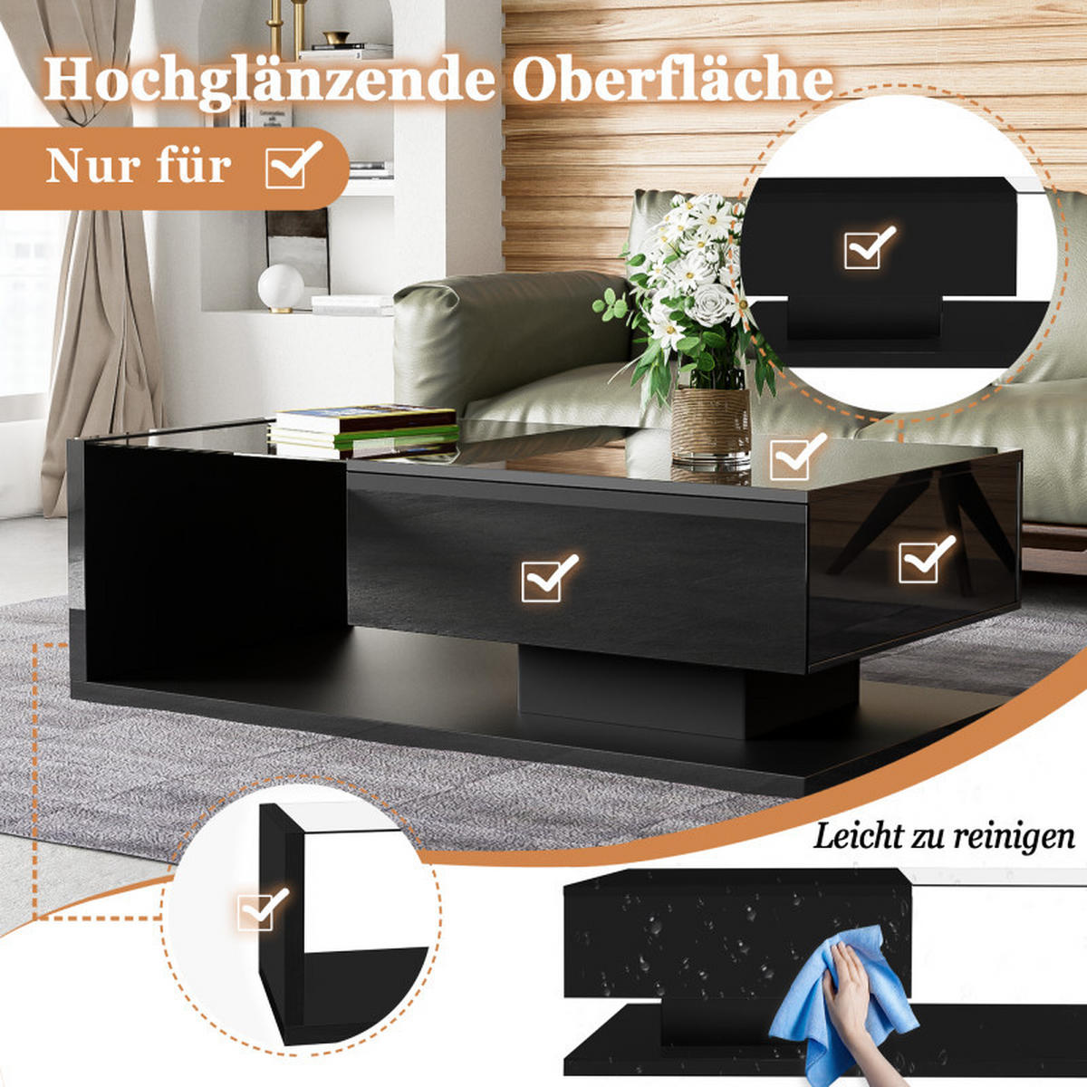 COUCHTISCH Schwarz Hochglanz 105x55x32 cm, Glasplatte, Ablagefach, Wohnzimmer - Schwarz, Holz (55/105/32cm) - PARAFTA HOME