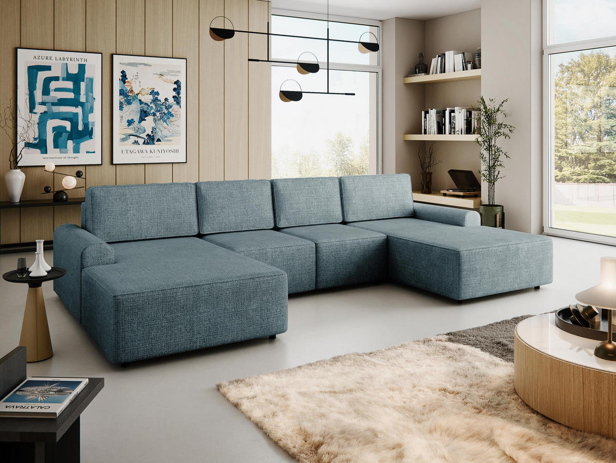 WOHNLANDSCHAFT Bella XL - Blaugrau/Schwarz, Holz/Kunststoff (338/85/168cm) - MIRJAN24
