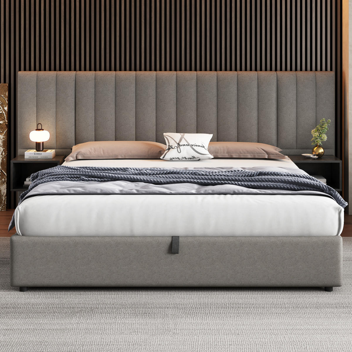 ČALÚNENÁ posteľ z ľanu 180x200 cm sivá a čierna s hydraulickým úložným priestorom a 2 nočnými stolíkmi - sivá, textil (180/200cm) - Modfu