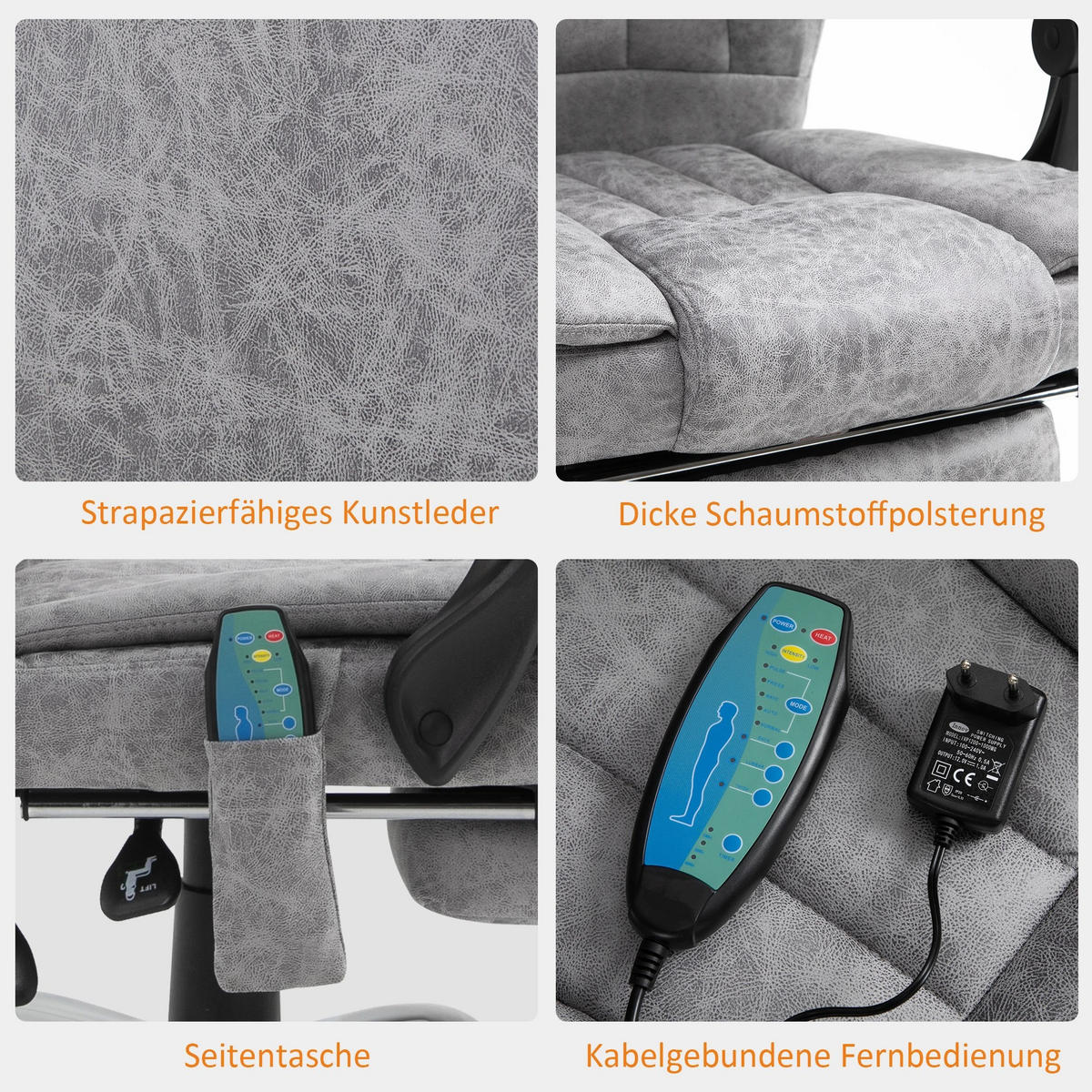 SESSEL 62/67/113-120 cm, Massage & Wärme, verstellbar,Grau - Grau, Kunststoff (67/113/62cm) - Redom