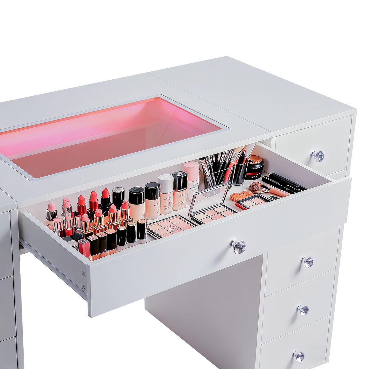 SCHMINKTISCH mit 11 Schubladen 130/55/81 CM und LED Beleuchtung Schminkspiegel 100 x 80 CM - Weiß, Holz/Metall (130/81/55cm) - VANITII