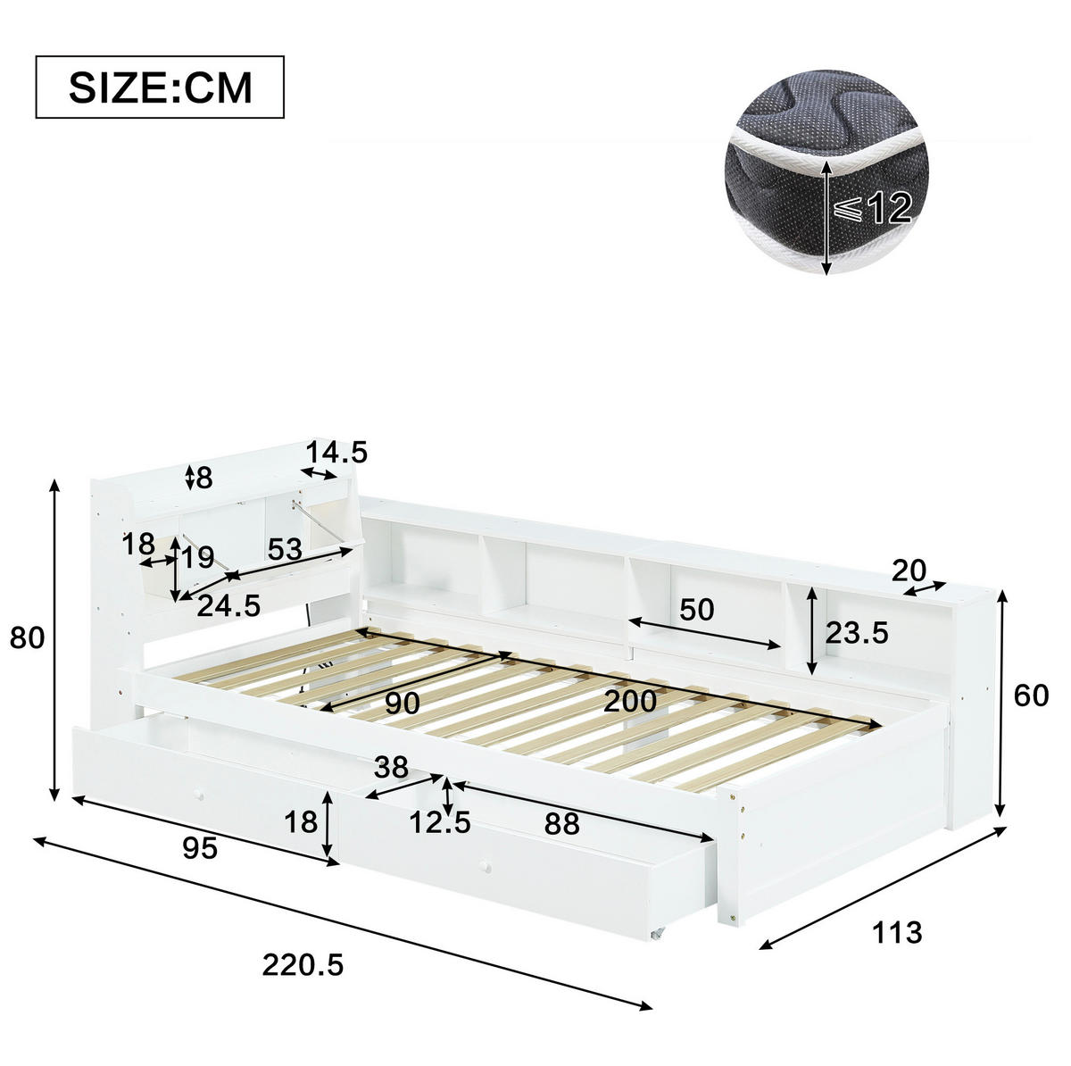 EINZELBETT aus Kiefer, Spanplatte und MDF 90x200 cm Weiß mit Stauraum, Leuchten und Ladebuchse - Weiß, Holzwerkstoff (90/200cm) - IVMEU