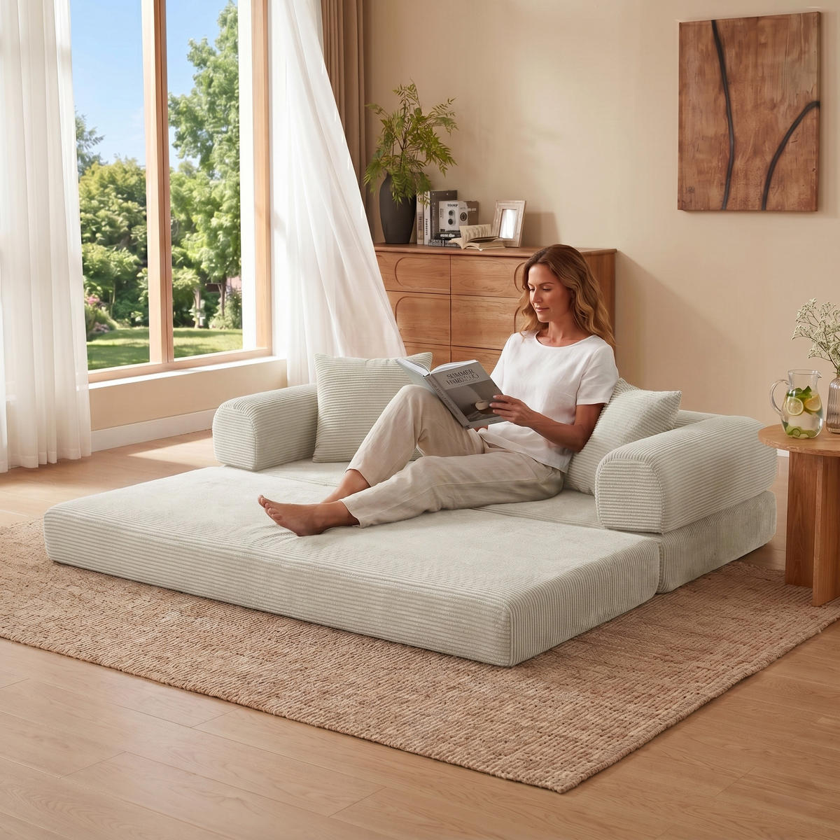 SCHLAFSOFA 2-Sitzer Sofa mit Schlaffunktion,Cord,Beige - Beige, Textil (195/59/89cm) - LVHOM