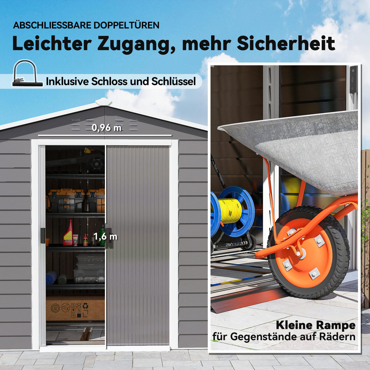 GERÄTEHAUS 4,4 m² Gartenhaus mit Pultdach, Schiebetür, Fundament Geräteschuppen - Hellgrau, Metall (206/198/240cm) - Outsunny