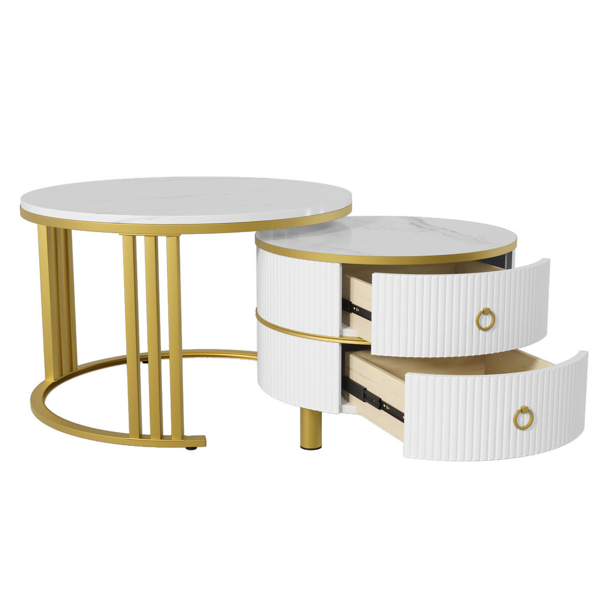 COUCHTISCH-SET 70/70/46 + 50/50/40 cm in Weiß mit Marmordekor und 2 Schubladen - Goldfarben/Weiß, Holzwerkstoff (70/70/46cm) - Flora Grace
