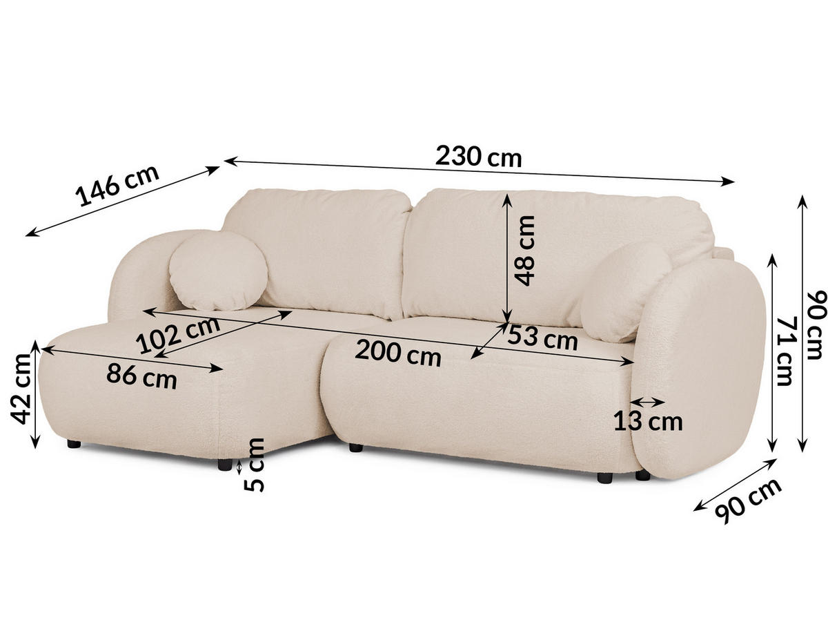 ECKSOFA Candy mit Schlaffunktion Hellbeige Bouclé-Stoff - Ottomane links - Beige/Schwarz, Holz/Kunststoff (230/146cm) - S-Style Möbel