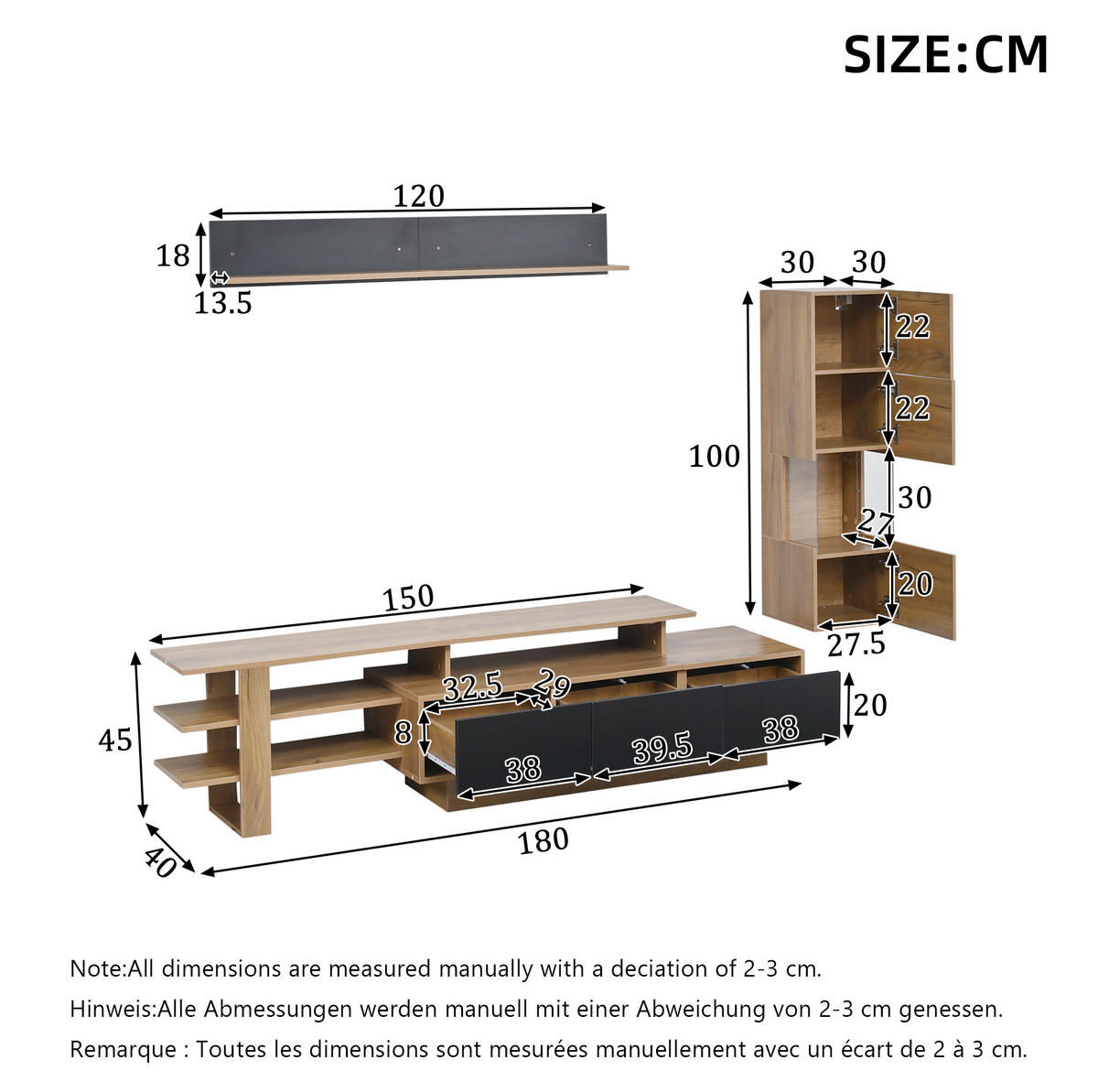 TV-WOHNWAND 3-tlg. 180 cm MDF/Acryl Natural+Black mit LED - Schwarz, Holzwerkstoff (40/45/150cm) - Beauniv