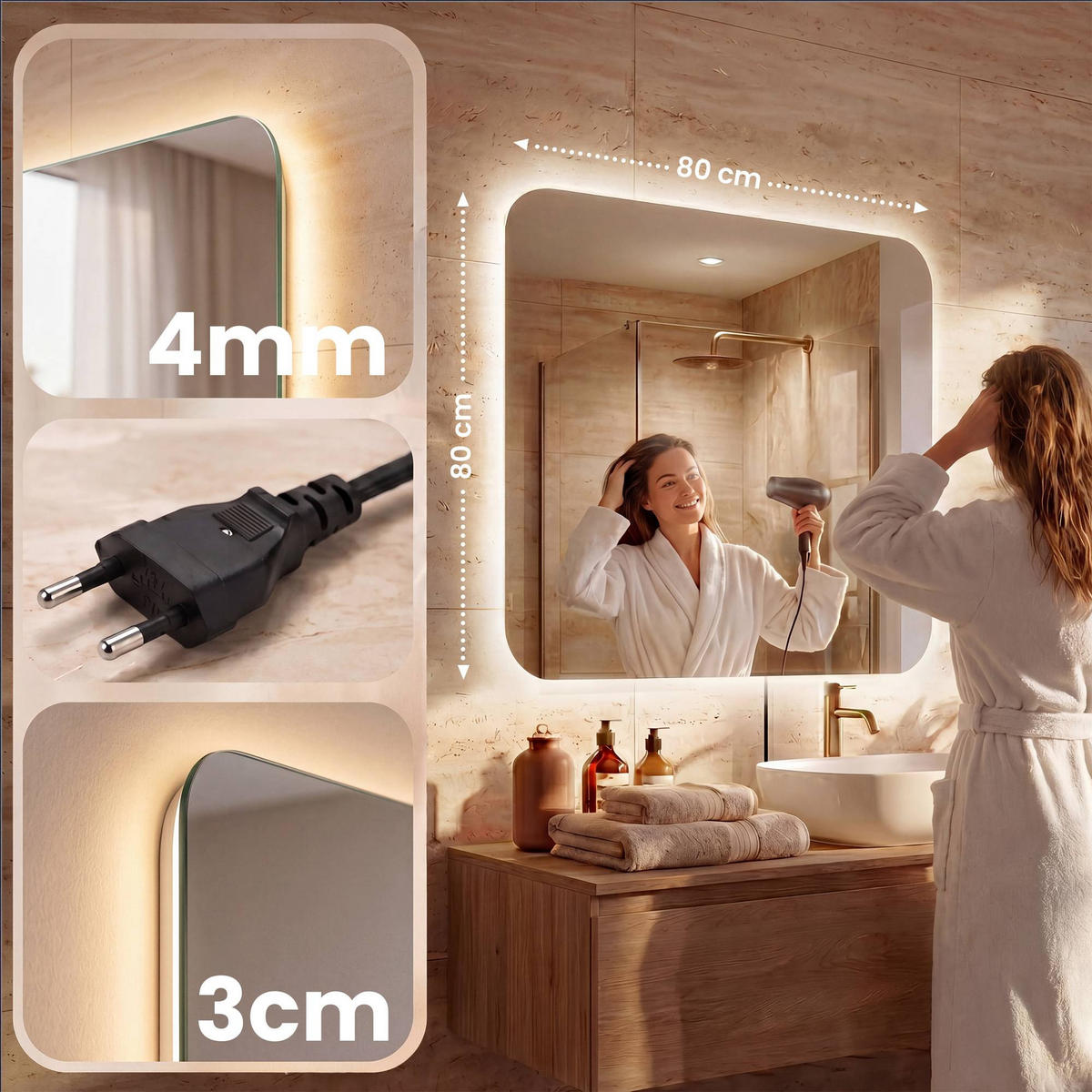 BADEZIMMERSPIEGEL eckig 80/3/80 cm Glas Klarglas - Klar, Glas (80/80/3cm) - CLP