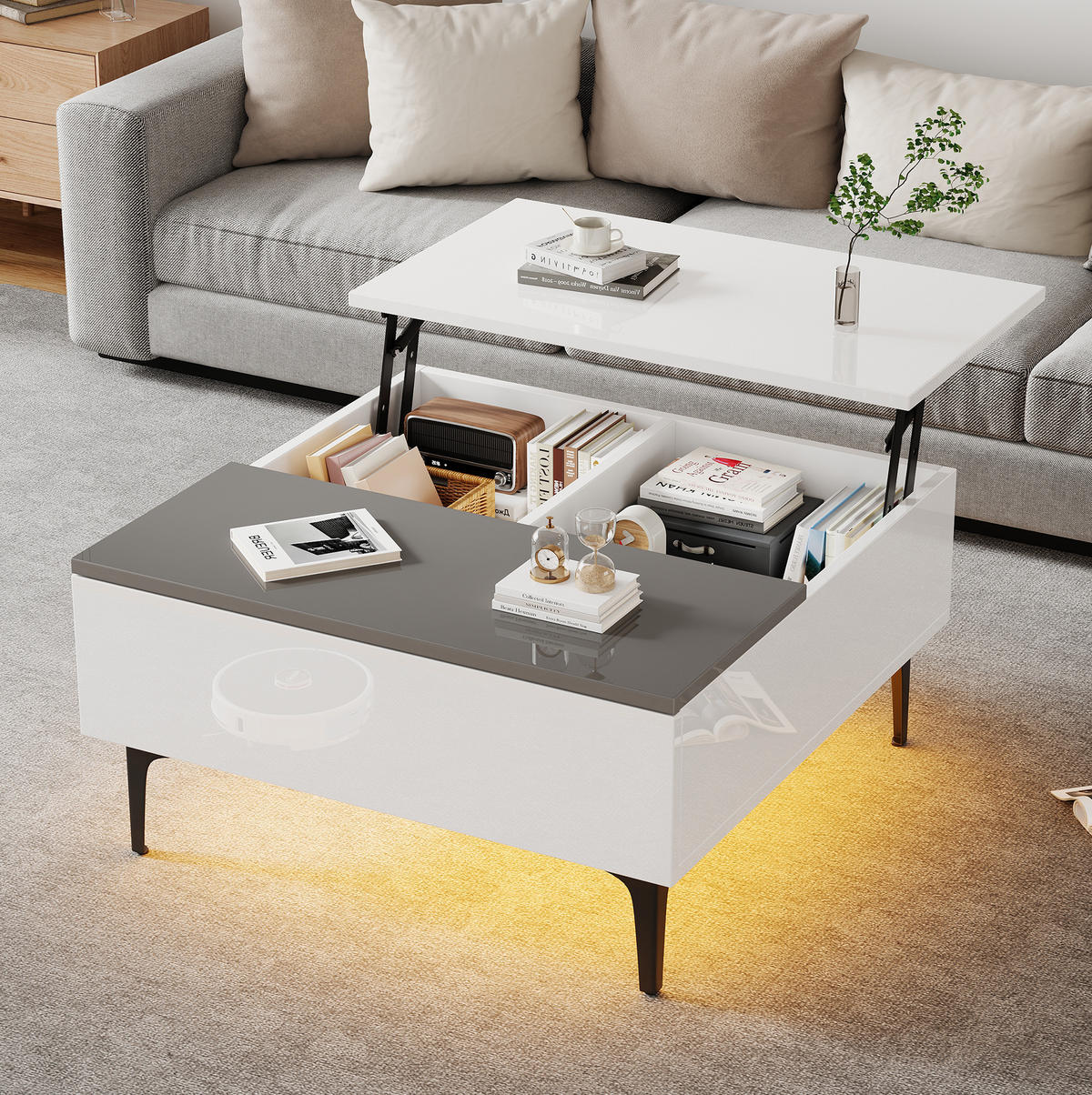 KONFERENČNÍ stolek 70/70/35 cm bílý a šedý z MDF s výklopnou deskou LED a úložným prostorem - bílá, kompozitní dřevo (70/70/35cm) - OKWISH