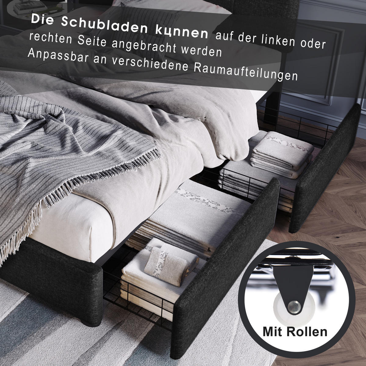 POLSTERBETT 90/200 cm in Schwarz Leinen mit 2 Schubladen und LED - Schwarz, Holzwerkstoff/Textil (90/200cm) - WISHDOR