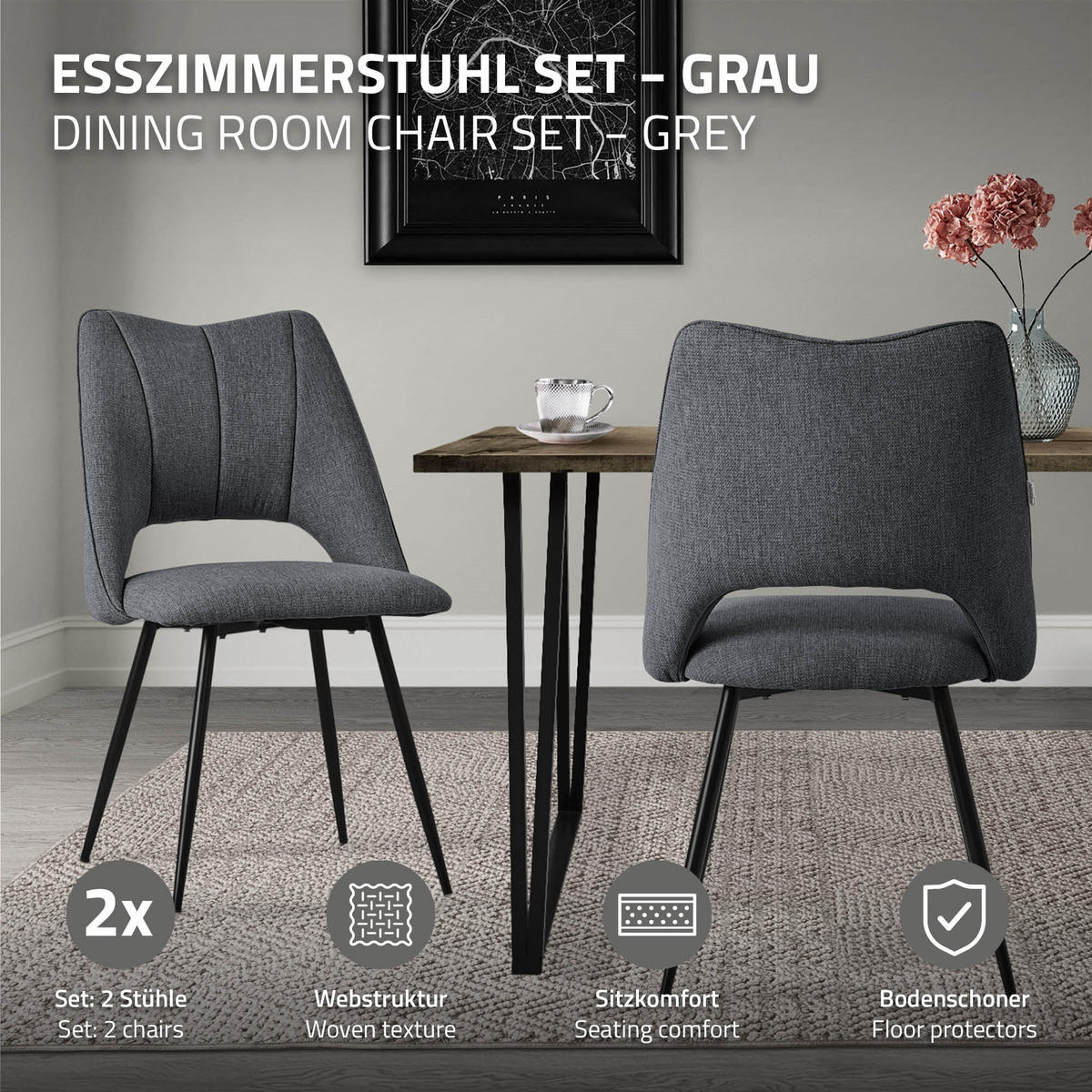 ESSZIMMERSTÜHLE 2ER-SET Grau Stoffbezug - Schwarz/Grau, Textil/Metall (57/89/53cm) - ML-DESIGN