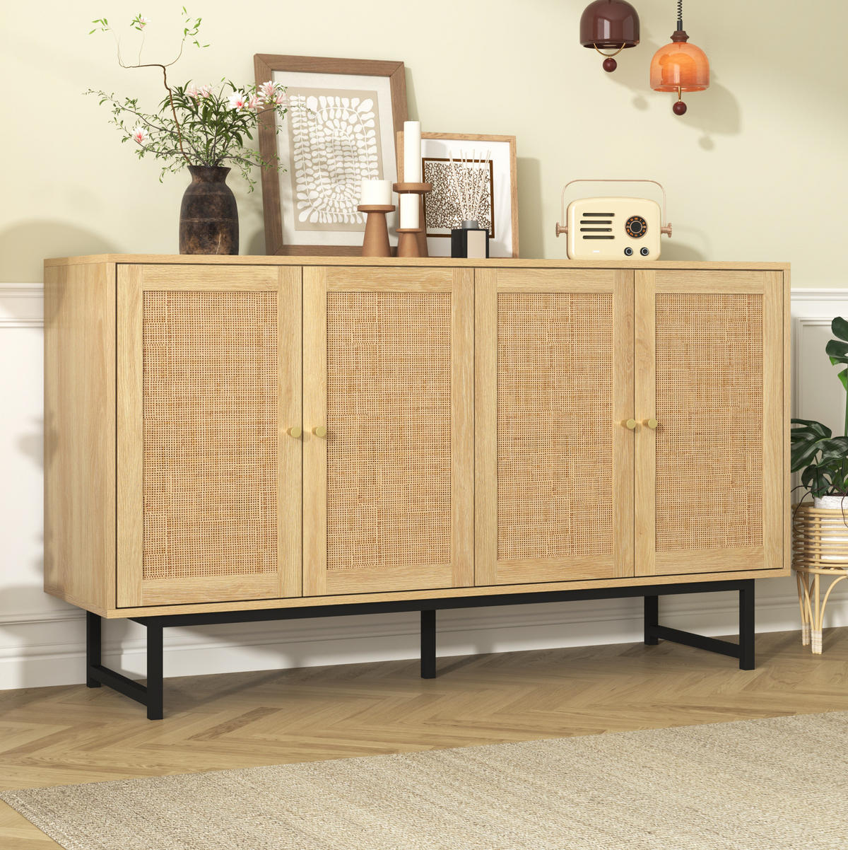 SIDEBOARD 140/39,5/80 cm in Holzoptik mit echtem Rattangeflecht und 4 Türen - Naturfarben, Holzwerkstoff (140/80/39.5cm) - Flora Grace