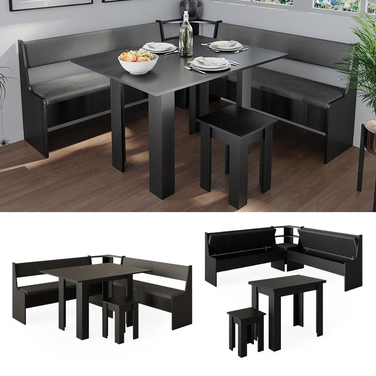 ECKBANKGRUPPE Roman Schwarz 180 x 41.5 cm mit Tisch - Schwarz/Grau, Holzwerkstoff (180/80/180cm) - Vicco