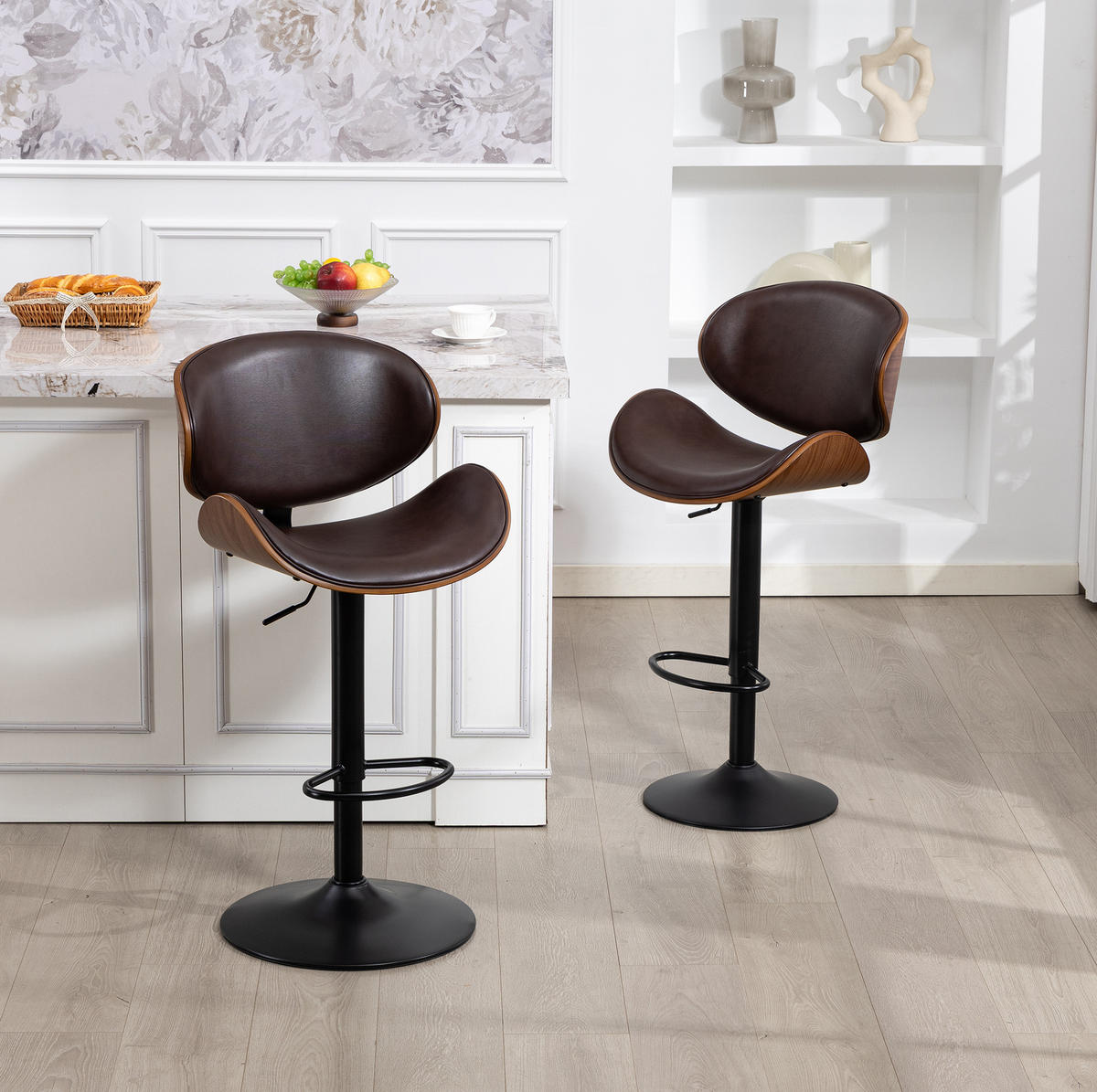 BARHOCKER drehbar höhenverstellbar 2er-Set PU-Leder Braun - Braun, Metall (50/93/51cm) - Meubliv