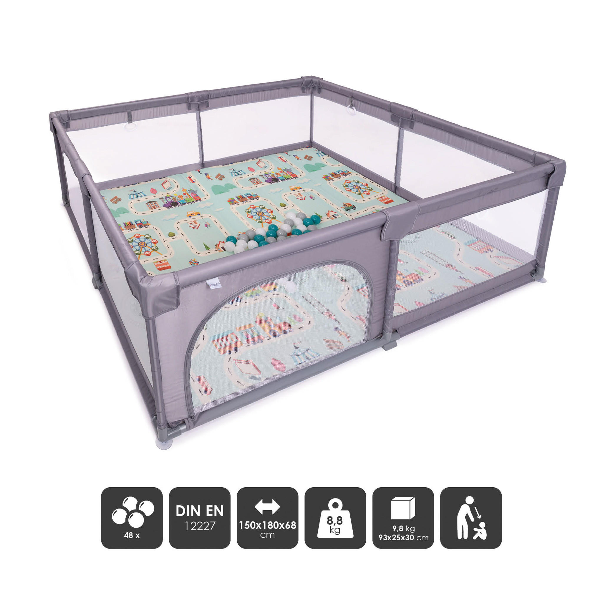 LAUFGITTER Playpark 2 inkl. Spielmatte und 48 Bälle - Grau, Metall (150/68/180cm) - BabyGo