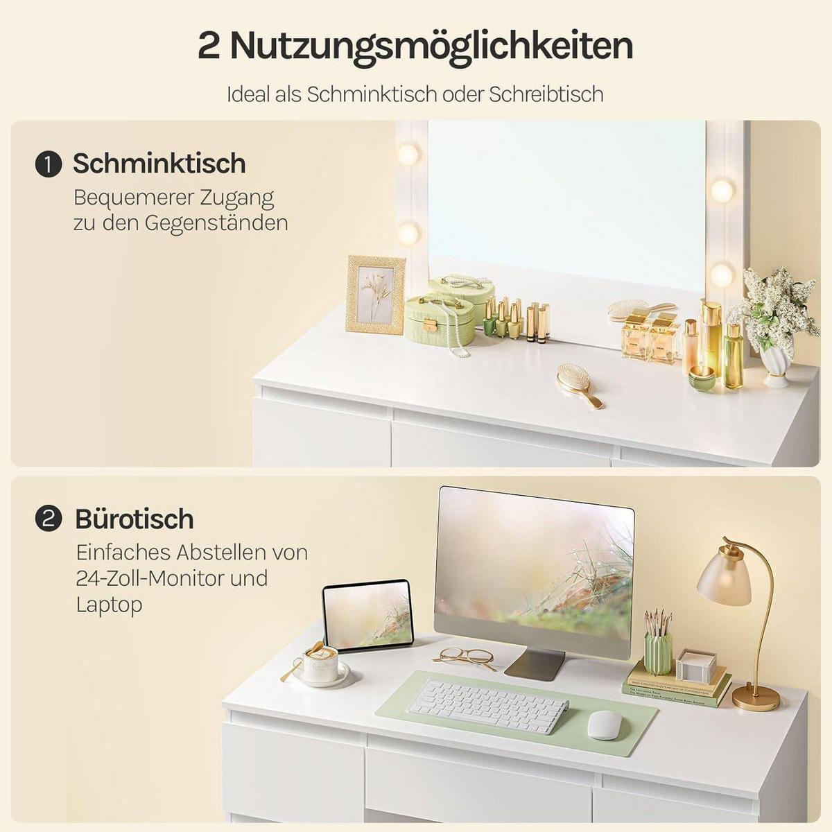 SCHMINKTISCH mit LED-Beleuchtung Weiß - Weiß, Glas/Holzwerkstoff (107/140.5/39.5cm) - Woltu