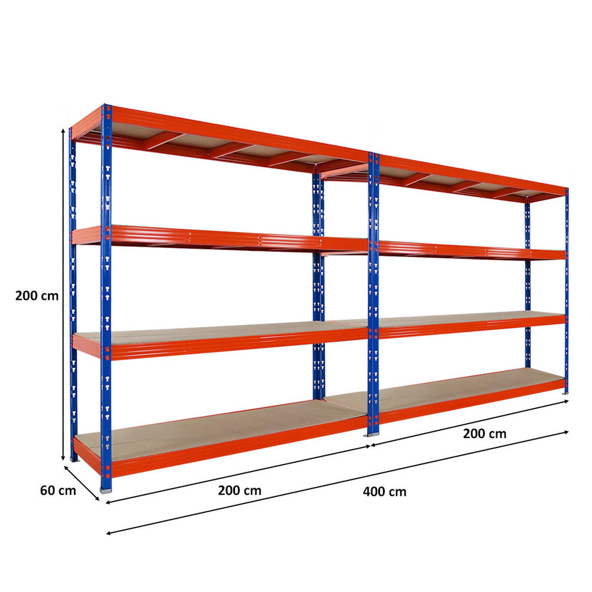 SCHWERLASTREGAL Rhino 2er-Set 200x200x60 cm 4 Spanplatten-Ebenen 8mm Fachlast 500 kg Blau/Orange - Blau/Orange, Metall (400/200/60cm) - PROREGAL