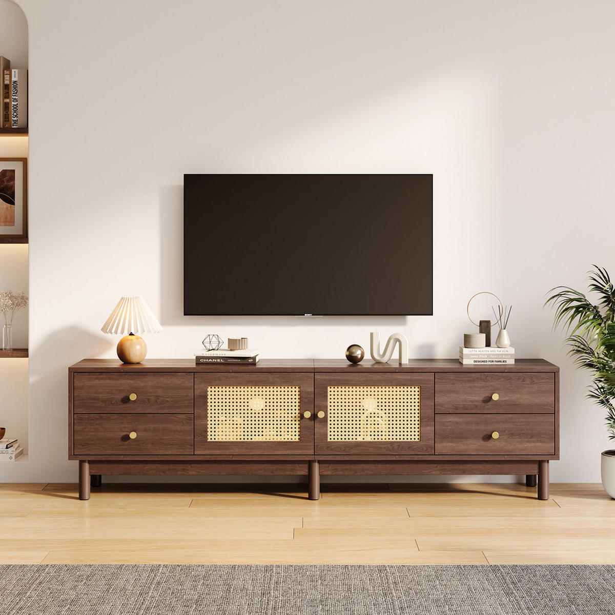 TV-SCHRANK 180cm dunkle Holzoptik Rattantüren 4 Schubladen bis 80 Zoll - Braun, Holz (44.45/15.24/104.14cm) - FLIEKS