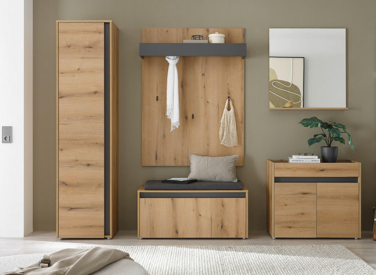 GARDEROBEN-SET Evoke Eiche, grau 100 cm 3-teilig, Garderobenkombination mit Sitzkissen - Eichefarben/Schwarz, Holzwerkstoff/Kunststoff (100/200/40cm) - Furn.Design
