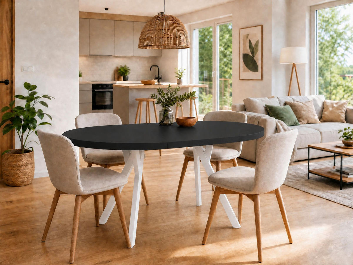ESSTISCH ausziehbar rund ATO, 100-140 cm, Schwarz, weiße Holzbeine - Schwarz/Weiß, Holzwerkstoff/Buchenholz (100/100/77cm) - VENASI MÖBEL
