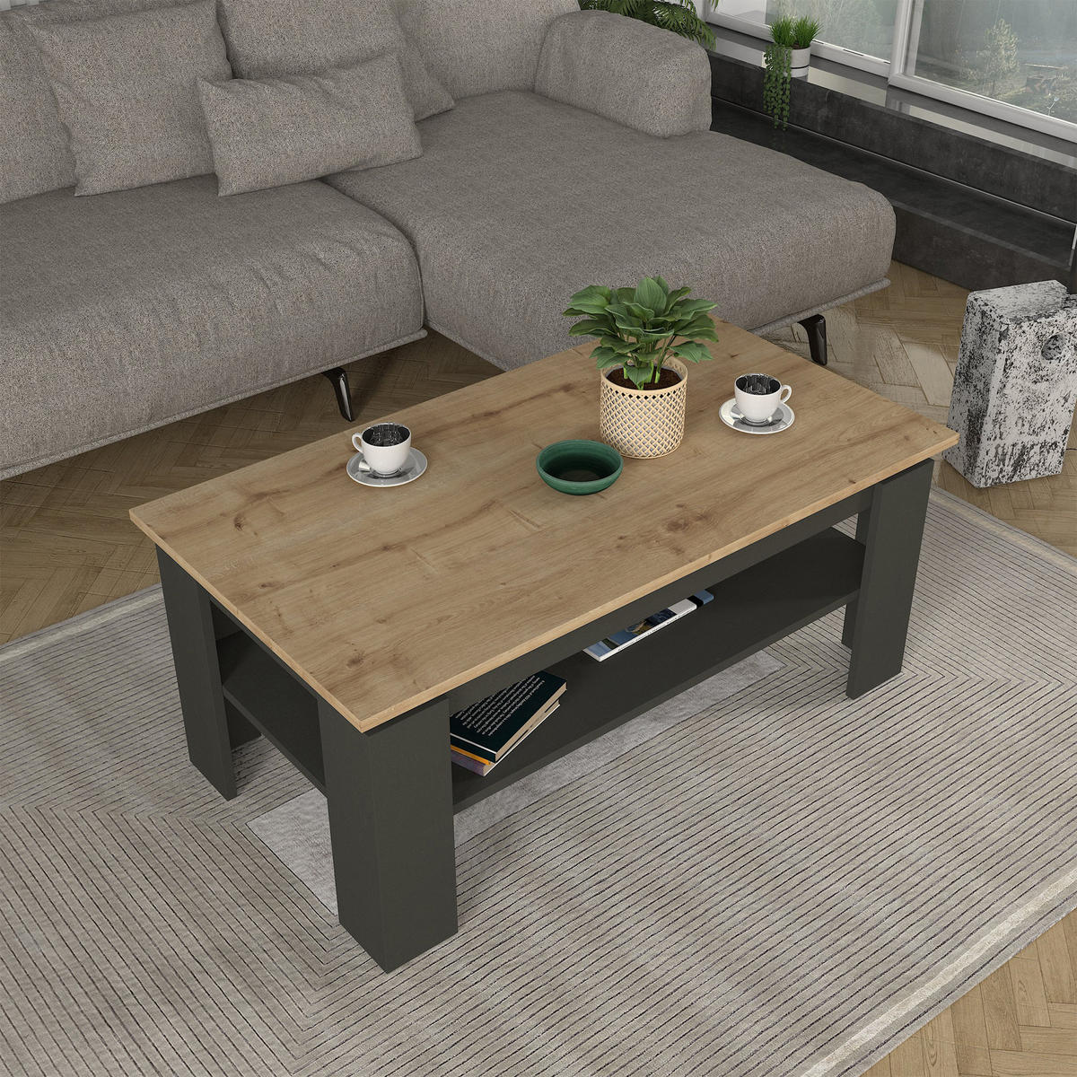 COUCHTISCH Krirdfjos 110/60/47 cm - Eichefarben/Anthrazit, Holzwerkstoff (60/110/47cm) - [en.casa]