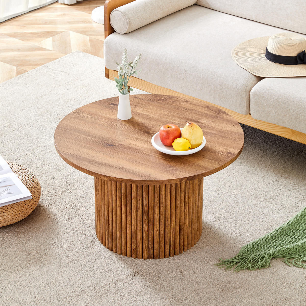 COUCHTISCH 70/70/42 cm mit runder Tischplatte, Säulendesign und Metallrahmen aus MDF, Holzfarben - Kieferfarben, Holzwerkstoff (70/70/42cm) - Redom