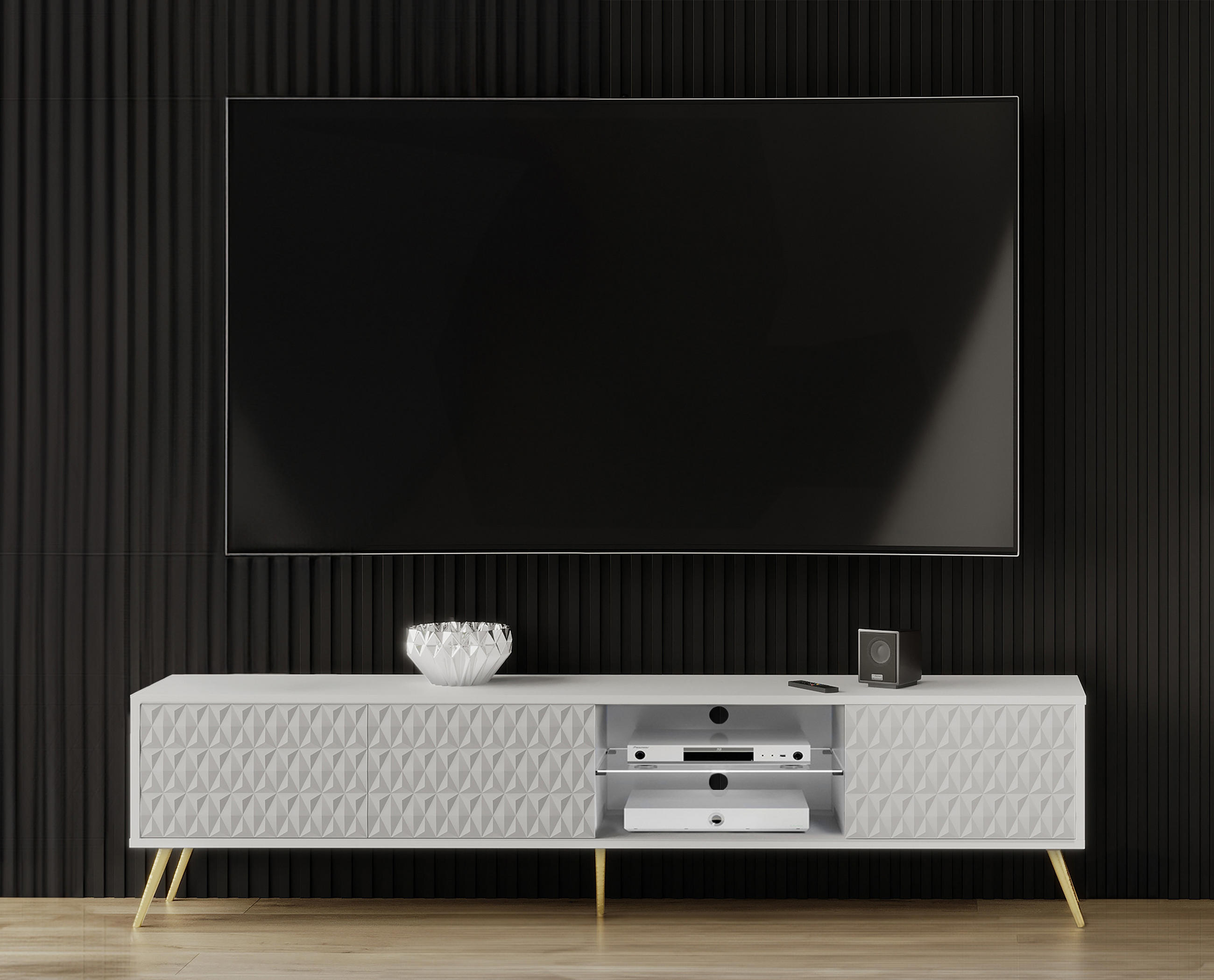 LOWBOARD Delvine 3T Weiß 175/45/31.6 cm – mit offener Ablage und Kabeldurchlass - Goldfarben/Weiß, Holzwerkstoff (175/45/31.6cm) - AX Living